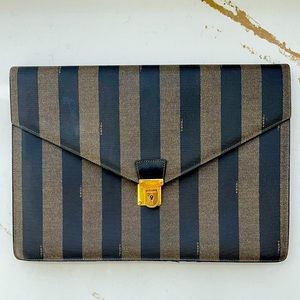 Fendi Brown and Black Striped Fold-Over Pouch with Gold Lock